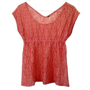 Free People Sheer Lace Coral Pink/Orange Babydoll Empire Waist Peplum T…